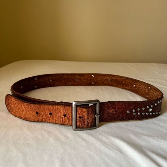 Vintage Y2K Brown Leather Rhinestone Belt Silver Tone Buckle & Studding 36/38 - Picture 1 of 8